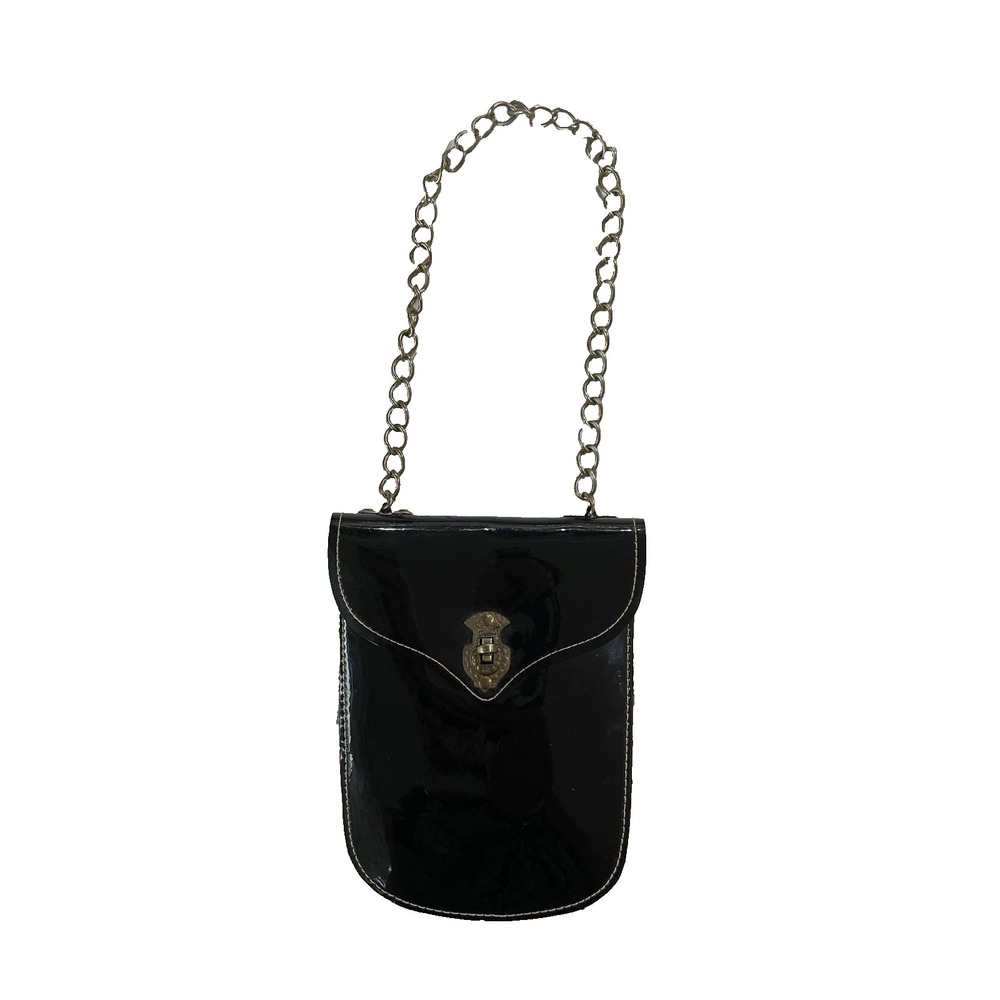Vtg 1970s Retro Hippie Black Patent Leather Chain Handle Hand Bag Small Purse